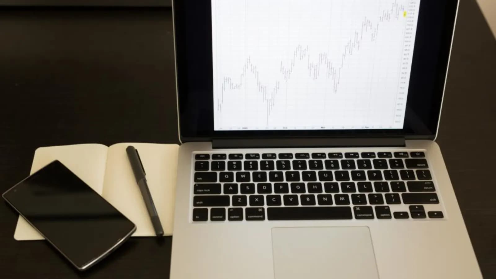 A laptop showing a line chart on a desk next to a notebook, pen and phone
