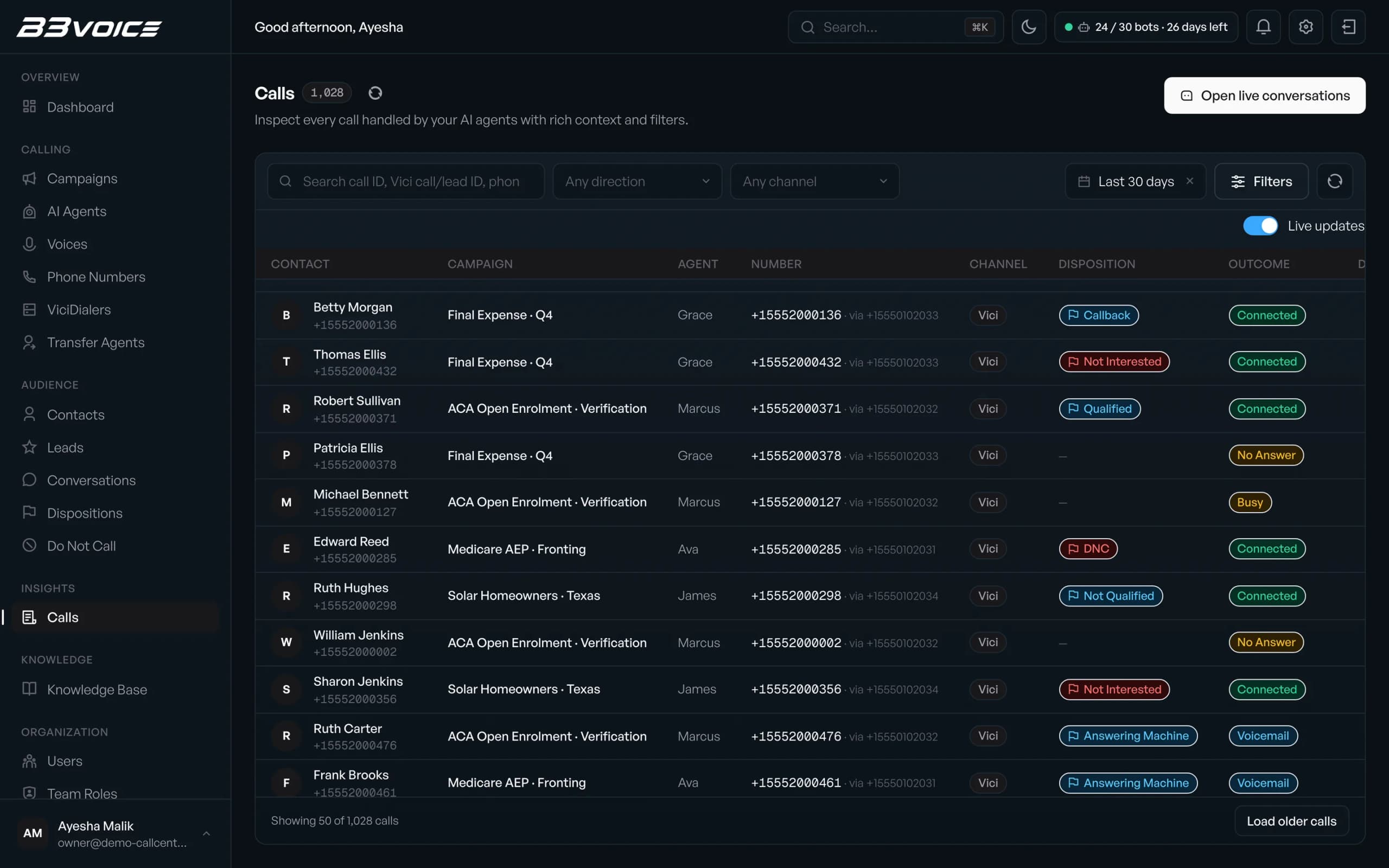 Call log screen
