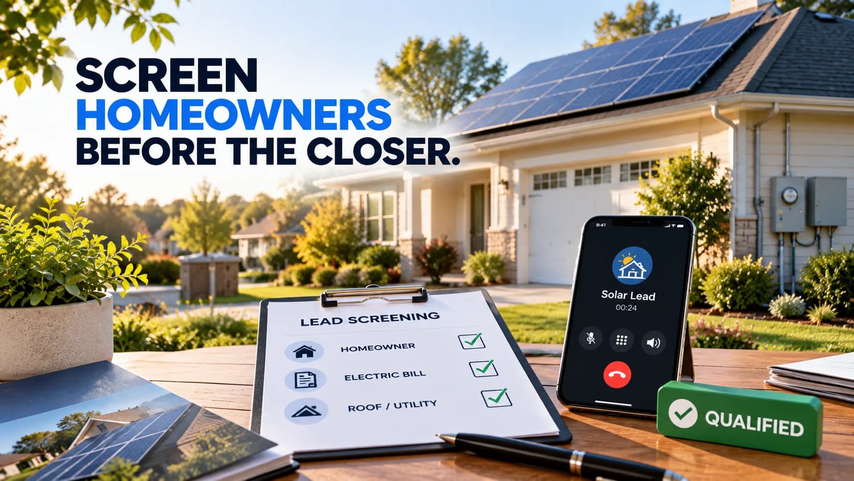 Photo illustrating solar: screening for homeowners before a closer picks up